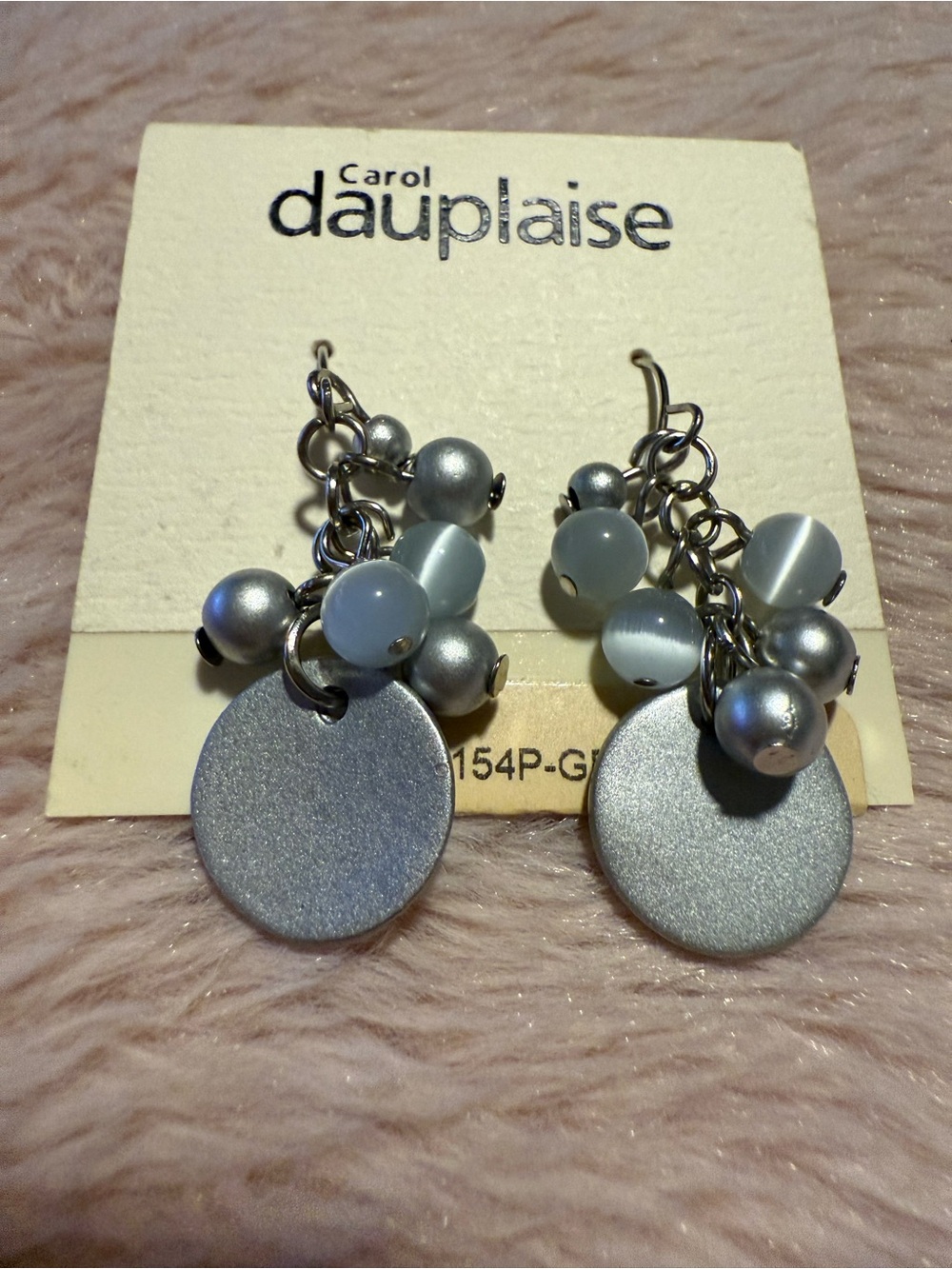 Carol Dauplaise Silver Disc Drop Earrings with Bead Clusters